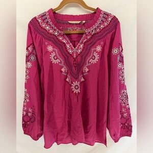 Soft Surroundings Pink Embroidered Eyelet Blouse Top Cotton Blend Size L